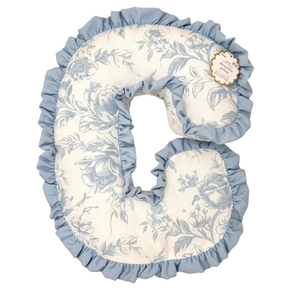 Dorm Letter C Throw Pillow NWT Blue White Floral Toile Ruffle Monogram Decor
